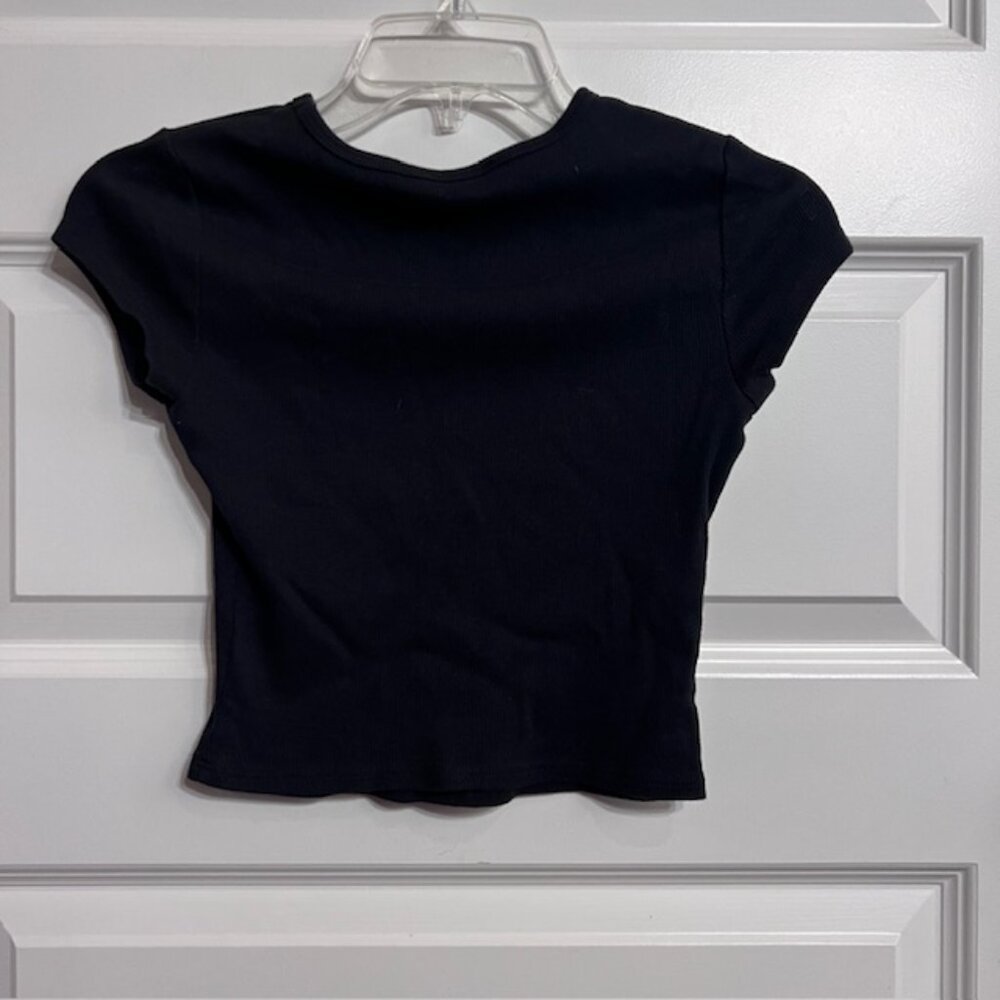 Reformation Black Bottoms Up Graphic Tee XS Y2K Cropped Fitted Top - Picture 3 of 4